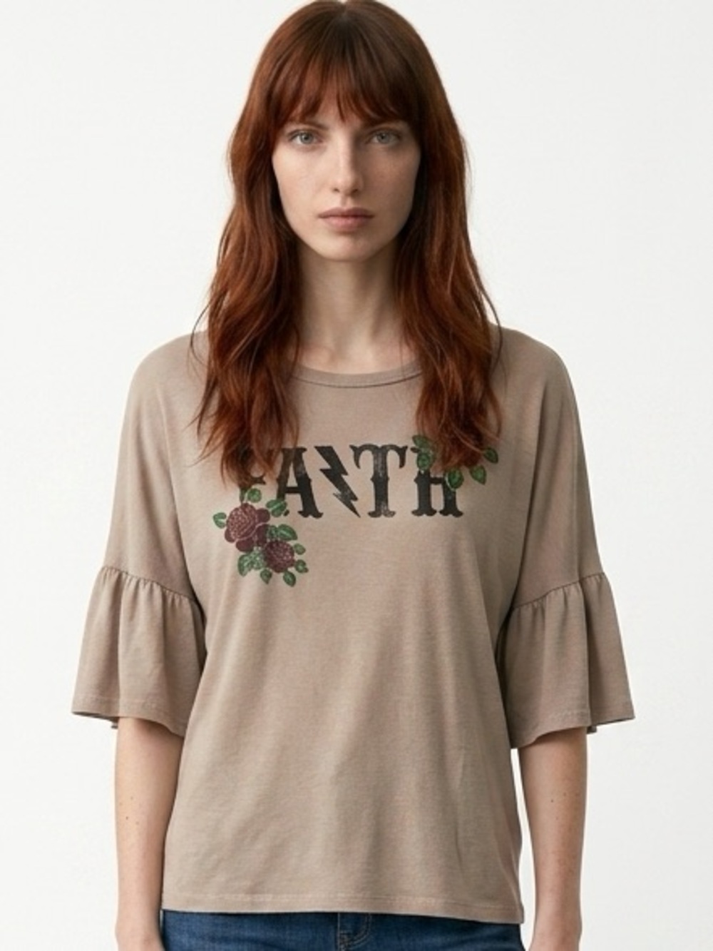 TINY WILLOW | Faith Graphic Top Boho Tan Ruffle Women’s Size Medium